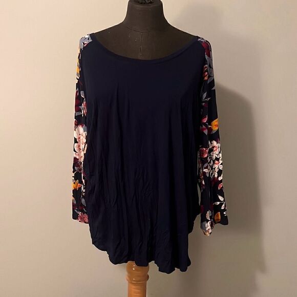 Ana A New Approach Women's Navy Blue Floral Sleeve Boat Neck Blouse Size Large - Picture 1 of 8